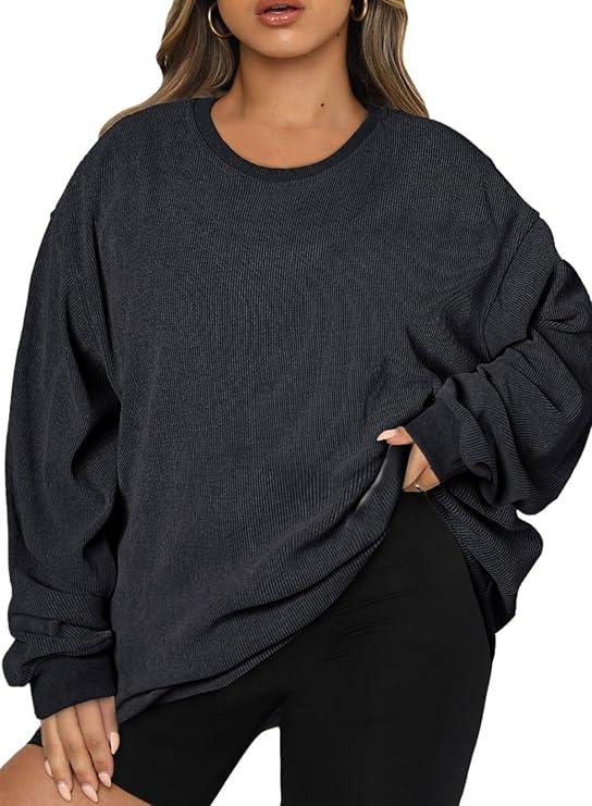 Eytino Women Plus Size Sweatshirts Long Sleeve Crew Neck Casual Oversized Soft Pullover Tops Shirts,5XL Black