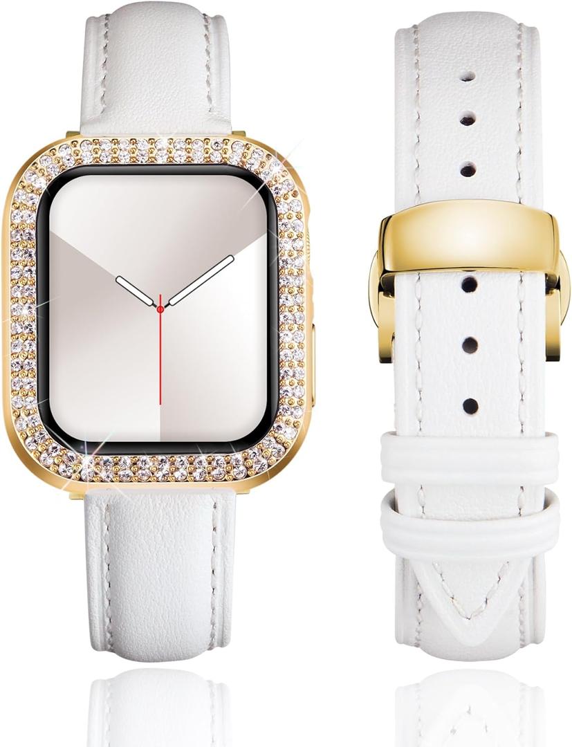 BINLUN Leather Band Compatible with Apple Watch 46mm 45mm 44mm 42mm 41mm 40mm Women Leather Strap with Glitter Diamond Case Compatible with iWatch Series 11/10/9/8/7/SE3/SE2/SE/6/5/4 (White-Gold)