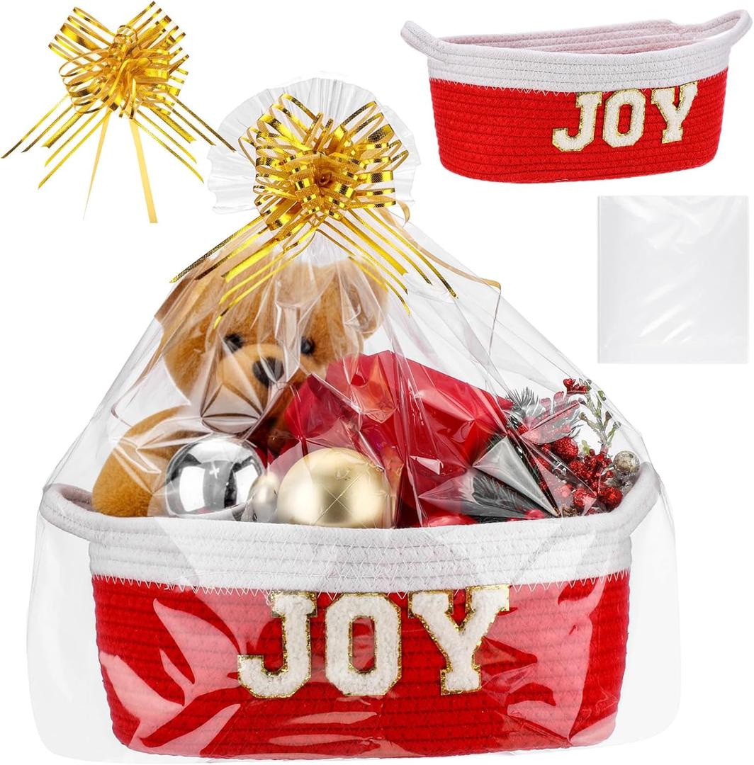 Qinyoung 1 Set Christmas Gift Basket Empty Small Woven Rope Basket with Gift Wrapping Bag Ribbon 12" x 8" x 5" Storage Organizer with Handle for Christmas Home Decoration