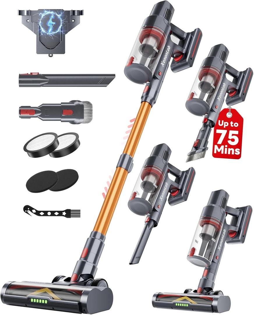 Cordless Vacuum Cleaner, 75Mins/48KPa/580W Self-Standing Stick Vacuum Cleaners for Home, Rechargeable, Lightweight, Anti-Static&Anti-Tangle Brush, for Hard Floor, Carpet, Hardwoods, Pet Hair (Yellow)