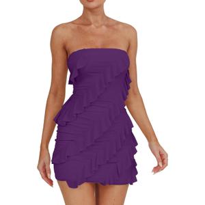 HOCILLE Women's Sexy Strapless Tube Top Bodycon Sleeveless Ruffle Mini Party Dress (Dark Purple), X-Small
