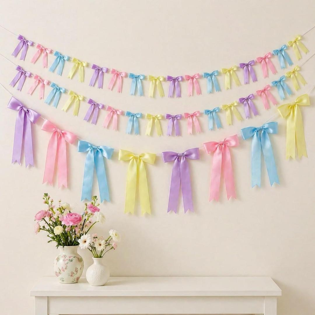 3 x 3 Pcs Pastel Bow Garland Banner Pre Strung Satin Ribbon Hanging Party Bow Garland Decoration for Easter Birthday Bachelorette Bridal Showers Engagement Wedding Party Supplies