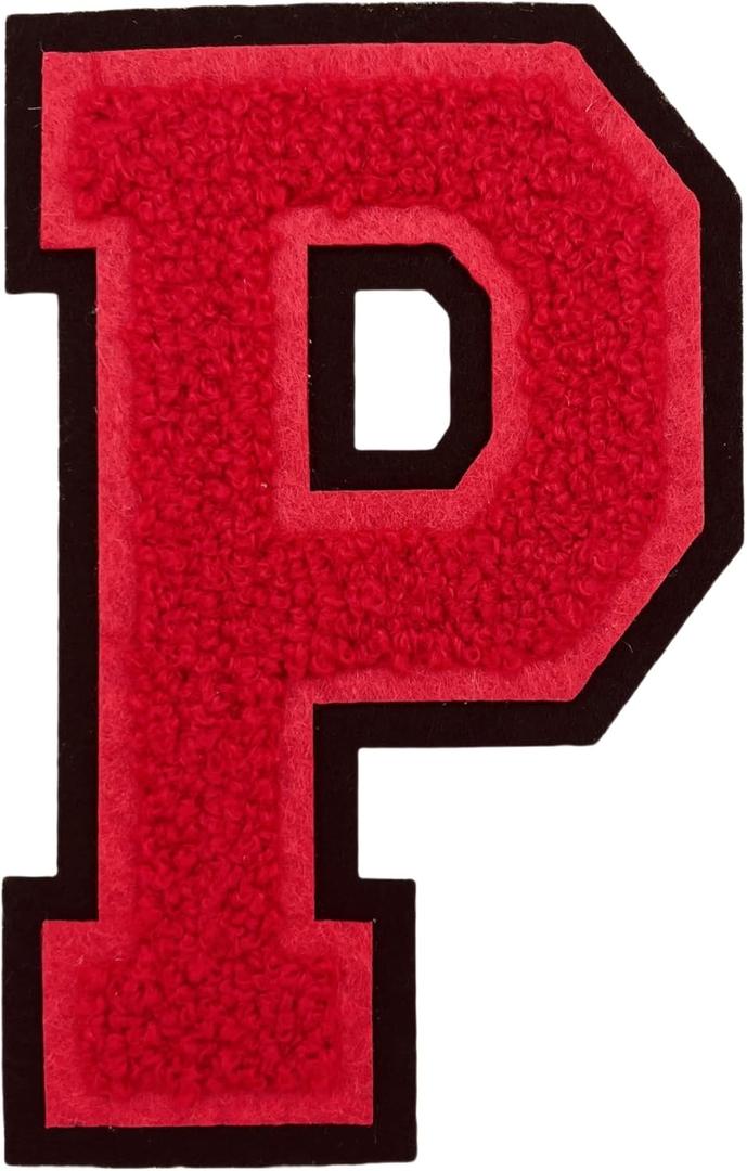 2Pcs 5.0" Red Chenille Letter Patches, Iron On Embroidered Alphabet Patches for Clothing, Jeans, Jackets, Backpacks, Hats- Varsity Letters with Black Border (Letter P)