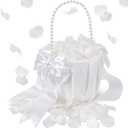Jingmore 1 Set Wedding Flower Girl Basket and Real Petals Set Ivory Flower Girl Basket with Pearl Handle True Dried Hydrangea for Wedding Bridal Party Romantic Night Proposal Anniversary Decoration