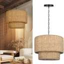 Arturesthome Large Rattan Chandelier Natural Woven Double Drum Pendant Light Vintage Ceiling Hanging Light Fixture for Kitchen Island Bedroom Hallway 23.62", 23.6in * 18in