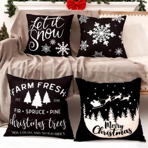 JOJOGOGO Christmas Decorations Black and White Christmas Pillow Covers 18x18 Set of 4, Black Xmas Decor Snowflake Christmas Tree Let It Snow Decorative Throw Pillows for Bedding Couch Sofa