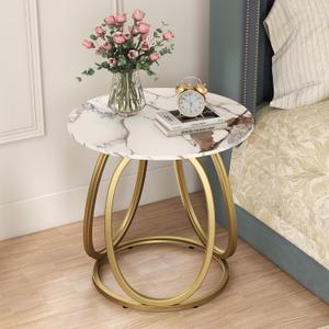 O&K FURNITURE Gold Side Table Living Room, Round End Table with Marbling Stone, Nightstand with Metal Frame, for Bedroom, Home Office, 1PC