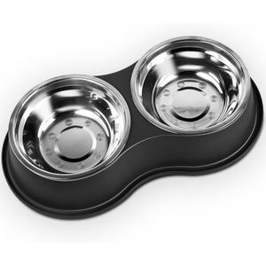 Dog Bowls Large Double Dog Water and Food Bowls Stainless Steel Bowls with Non-Slip Resin Station, Pet Feeder Bowls Food Dish for Small Medium Large Dogs Cats (Large-34oz, 1.Black)