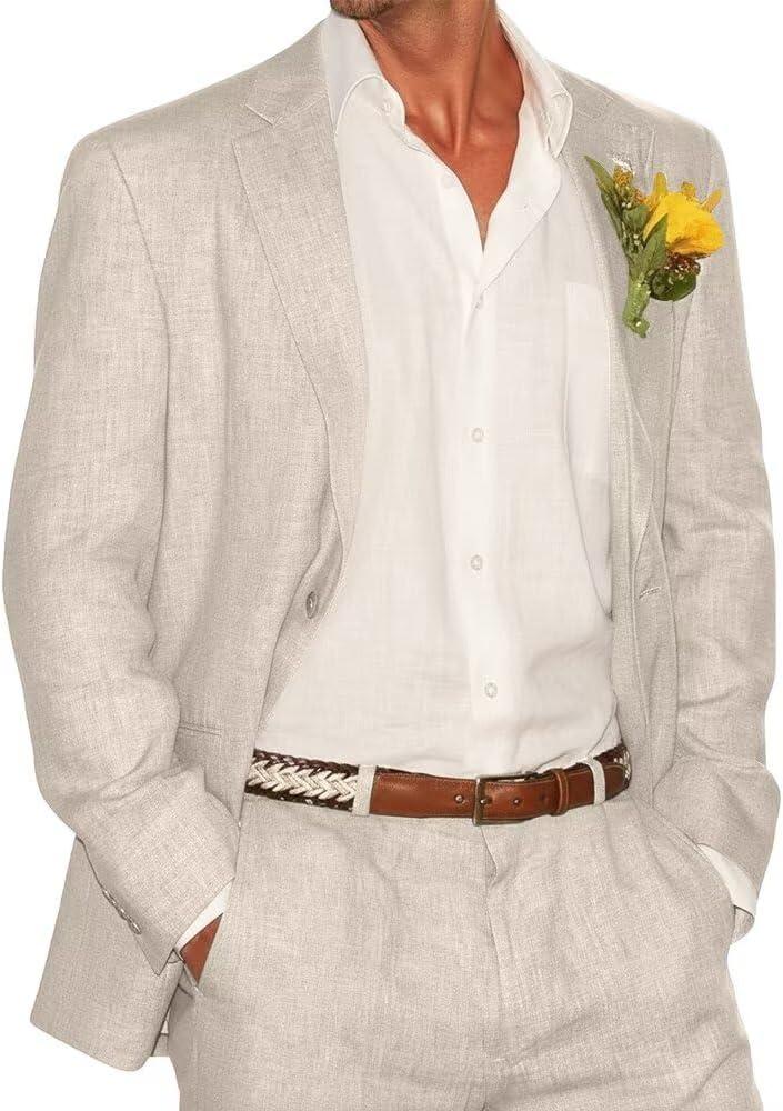 Bofan 2 Piece Linen Suits for Men Slim Fit Casual Beach Wedding Summer Grooms Groomsmen Linen Blazer Pants Suit, XL, Beige