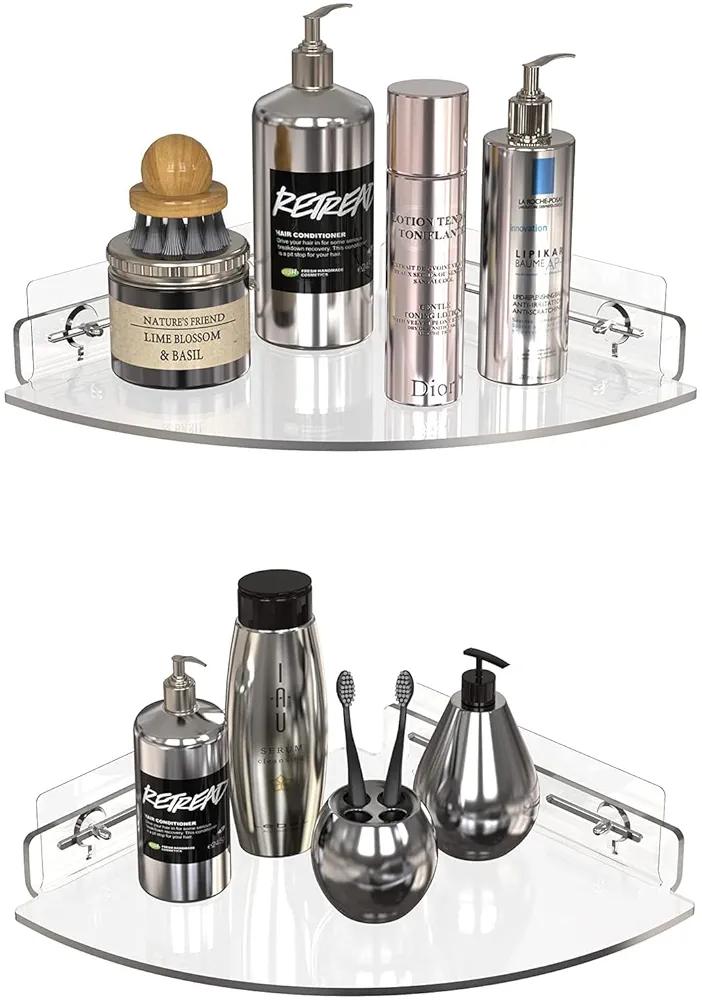 GeekDigg Corner Shower Caddy - Set of 2 No-Drill Acrylic Bathroom Organizer - 10"x11"x2" Wall-Mounted Adhesive Shower Shelf with Razor Holder for Storage - Clear