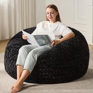 Hobestluk 4ft Bean Bag Chairs for Adults Large Beanbag Chair with Chevron Plush Fur Cover Big Bean Bag Chair for Living Room Bedroom Dorm Office - Black (44 x 44 x 24)