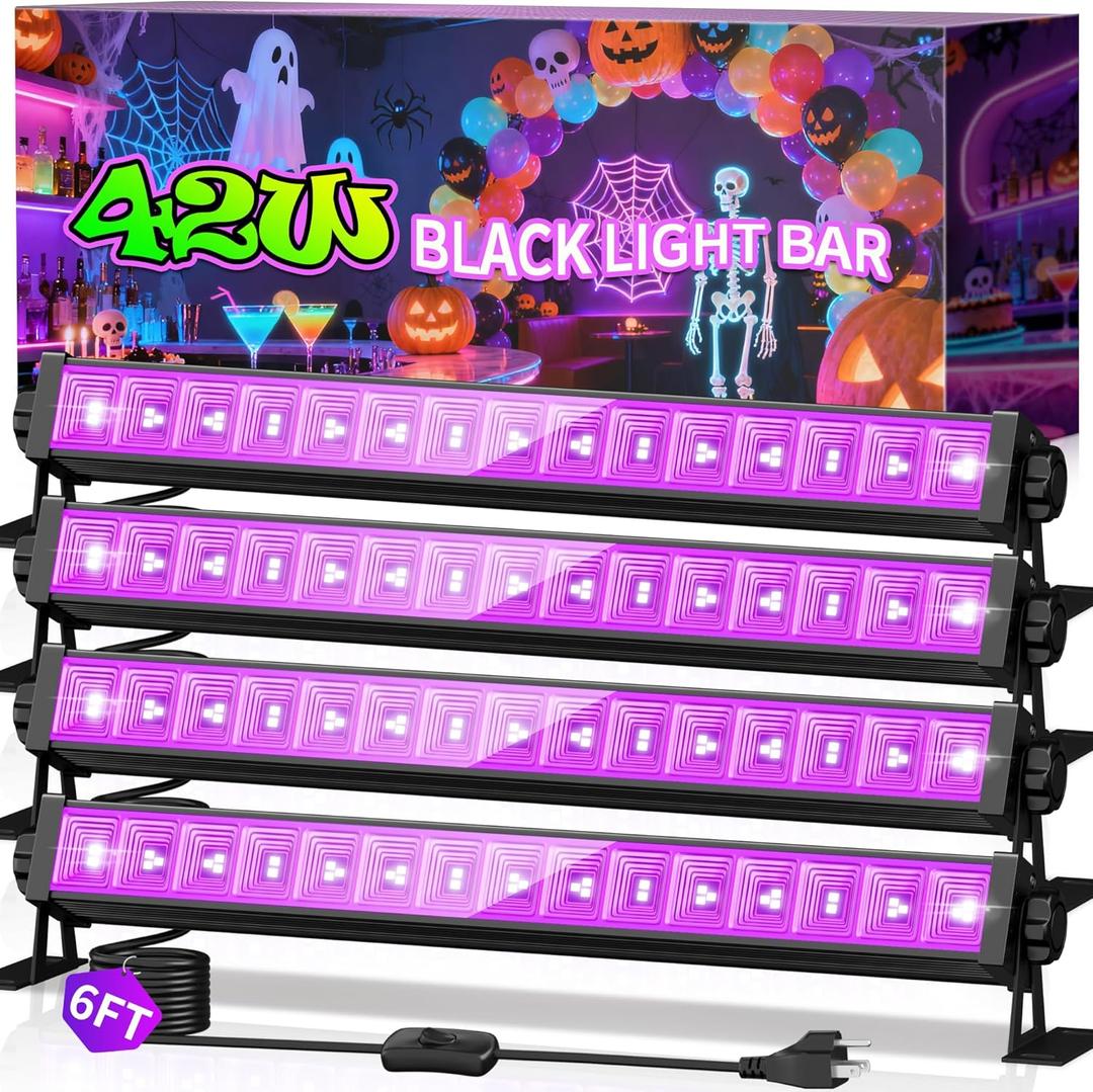 4 Pack 42W LED Black Light Bar, Blacklight Flood Light with 6ft Cord+Plug+Switch, Light Up 24x24ftx4 Area, for Halloween Glow Party Bedroom Game Room Body Paint Stage