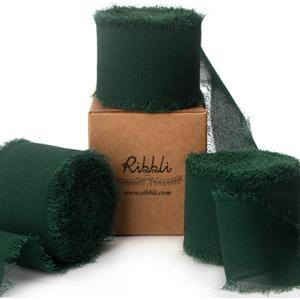 Ribbli Forest Green Chiffon Silk Ribbon, 1.5 Inch x 30 Yard - Handmade, Fringe, Wedding Invitations, Gift Wrapping, Bridal Bouquets, Flower Arrangement