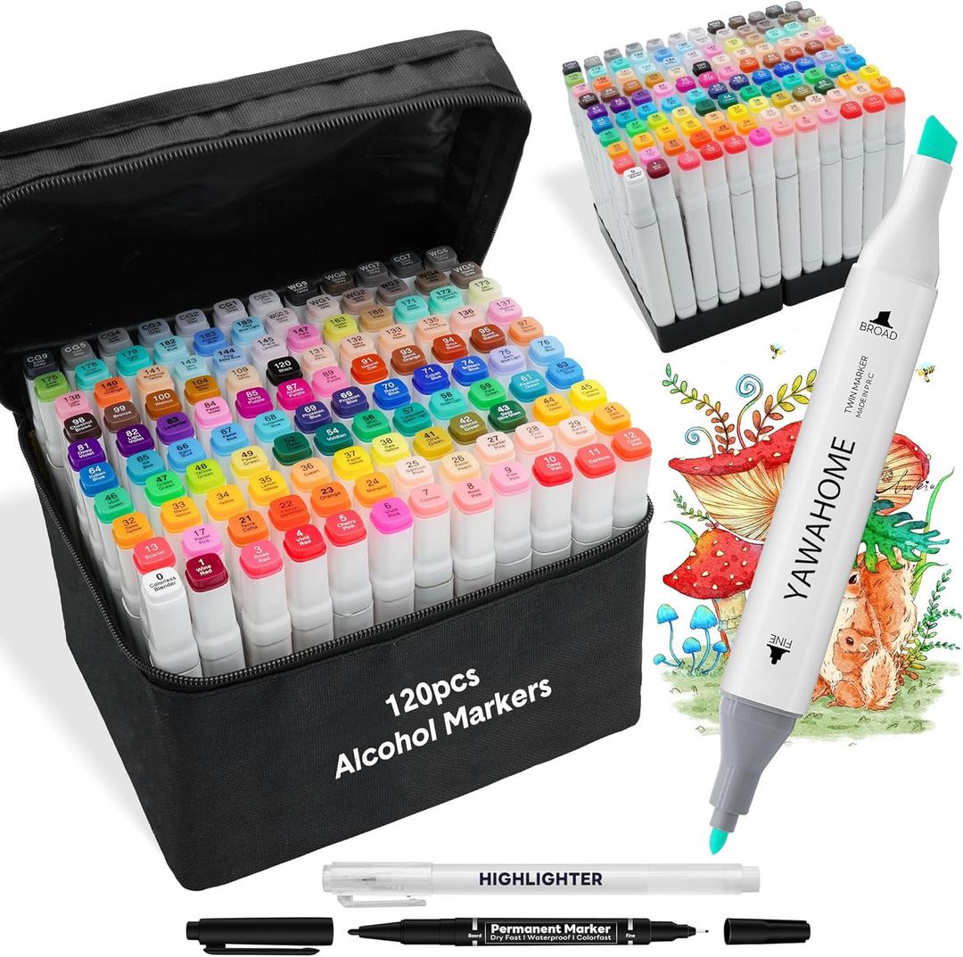 Alcohol Markers Set 120 Colors - Coloring Markers for Adult Coloring Books Professional Permanent Blending Marker Pens Artist Sets for Drawing Painting Sketching Illustration Kids Gifts