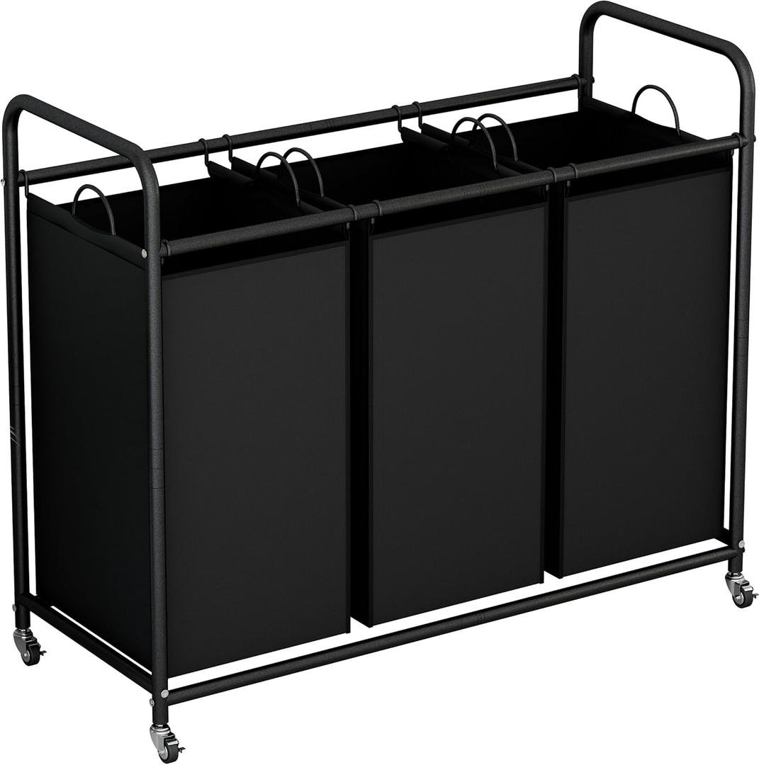 LINZINAR 3-Bag Laundry Basket, Black Laundry Hamper, 35.6 Gal(135 L) Laundry Sorter Cart Laundry Room Organization with Heavy Duty Rolling Lockable Wheels and Removable Bags