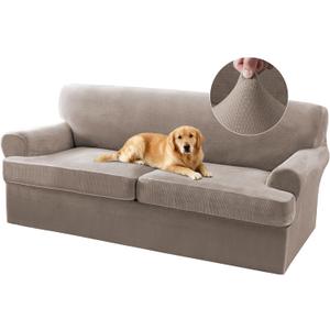 Turquoize T Cushion Sofa Slipcover 3 Piece Sofa Covers for 2 Large Cushion Couch Thick Velvet Couch Cover Stretch Furniture Covers with 2 Individual T Cushion Covers, Washable (2 Cushion Sofa, Taupe)