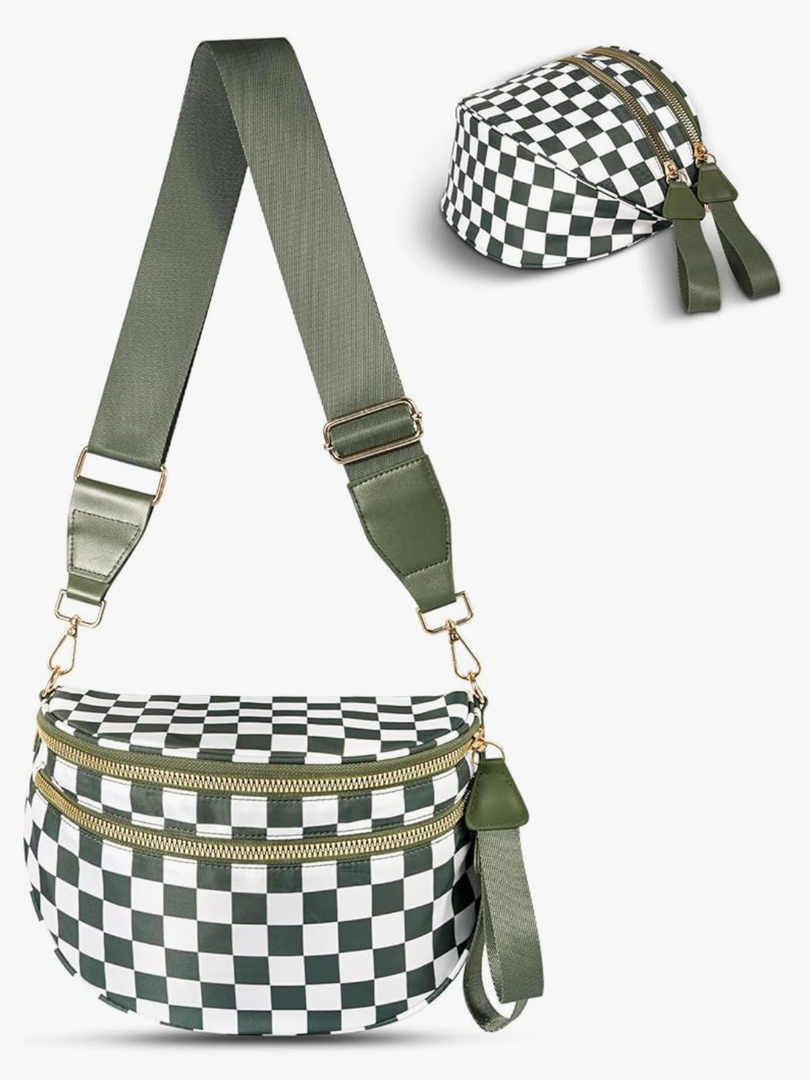 Checkered Crossbody Bag,Nylon Bum Bags for Women Crossbody,Spacious Sling Bag Purse Fanny Packs with Shoulder Strap