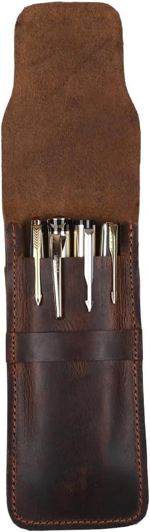 Leather Pen Case, Handmade Full Grain Organizer Pouch, Durable Protective Cover for Fountain Pens and Writing Tools (Brown)