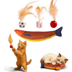 Cat Bouncy Ball with Feather and Catnip Fish Toy set, Soft Cat Toys Fish Shaped Catnips Toys, Interactive Chew Catnip Kicker Toy With Crinkle Sound, Feather Ball For Indoor Cats Kitten (Sport)