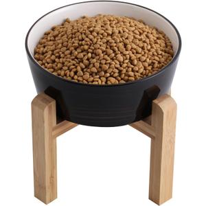 Black Elevated/Raised Dog Bowl Ceramic with Wood Stand for Medium Large Breed,Dog Food Water Dish Heavy Wighted,8 in Non Slip Modern Cute Porcelain Pet Bowl Extra Large Wide Mouth