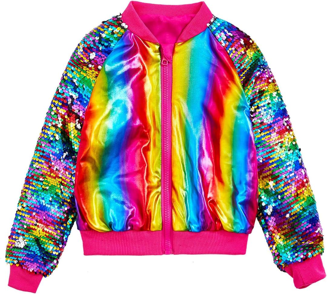 ZYBOUTIC Little Girls Sequin Jackets Kids Sparkle Jacket Zip Up Outwear Toddler Boys Glitter Sleeve Shiny Metallic Coat Birthday Cloth Christmas Rainbow HP 6 Years