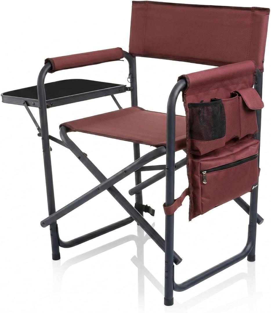 Picnic TIME Sports Chair with Side Table and Armrest Caddy, Lightweight Aluminum Folding Outdoor Camping Chair for Adults, Portable Director Style Lawn Seating with Pockets & Carry Strap, (Burgundy)