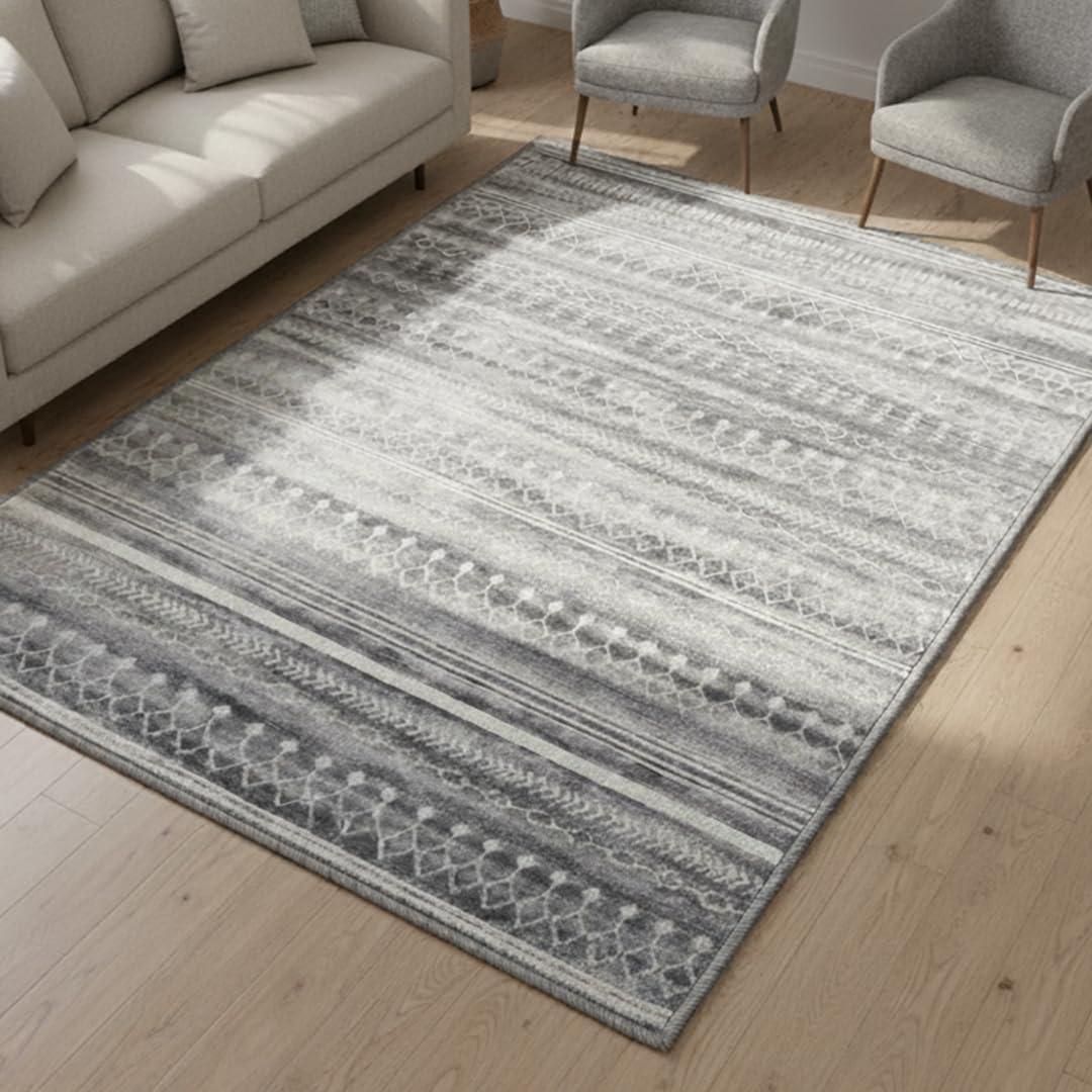 Muddy Mat Greyline 5ft x 7ft Washable Area Rugs for Living Room, Bedroom & Dining Room Modern Soft Low Pile Non Slip Carpet Pet Friendly Waterproof Foldable Rugs for Home