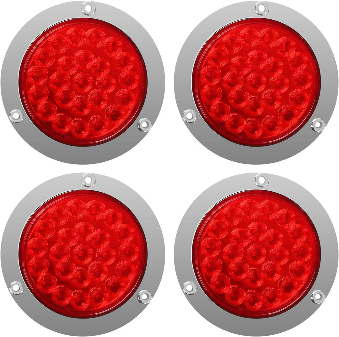 4" Round 24 LED Trailer Tail Light Stop Turn Signal Brake Marker Clearance Running Lights w/Chrome Bezels for Truck Trailer RV Jeep UTE UTV (Pack of 4) (4" Round-4PCS)
