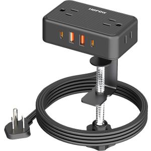 HOPOW Desk Clamp Power Strip, Desktop Mount Charging Station with 4 Outlets 4 USB Ports (2 USB C), 6Ft Under Desk Power Strip, Fits 2.75" Tabletop Edge, Extension Cord for Home Office, Black