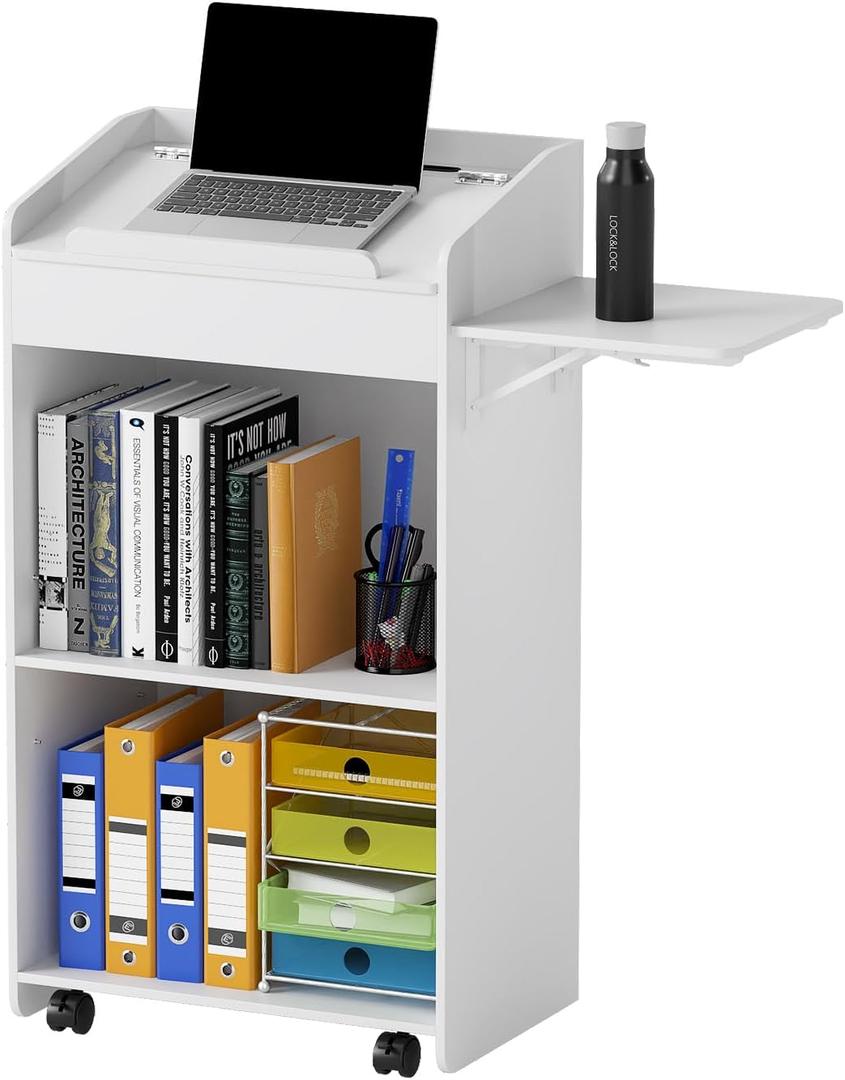 Podium Stand with Wheels, Rolling Podium for Teachers Host Stand Portable Mobile Standing Desk Podium Church Pulpit Lectern Presentation Stand with Storage for Classroom Lecture Wedding