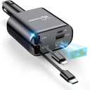 DreamBee Retractable Car Charger,66W 4 in 1 Super Fast Charge Car Phone Charger,Retractable Cables (31.5 inch) and 2 USB Ports Car Charger Adapter for iPhone 17/16/15/14/13/12 Pro Max XR,iPad,Samsung (TypeC+Lightning, Black)