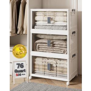 OlarHike 76QT Lockable Storage Bins with Lids - Folding Storage box with Doors and Wheels, Collapsible Plastic Bins for Closets, Office, Stackable Organizer and Containers, Gifts, 3 Pack Cubes