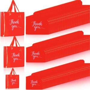 Teling 200 Pcs Thanks Bags with Handle Bulk Thank You Merchandise Bags 3 Size Plastic Packet Retail Shopping Package for Boutique 9 x 12'', 12 x 15'', 15 x 18''(Red)