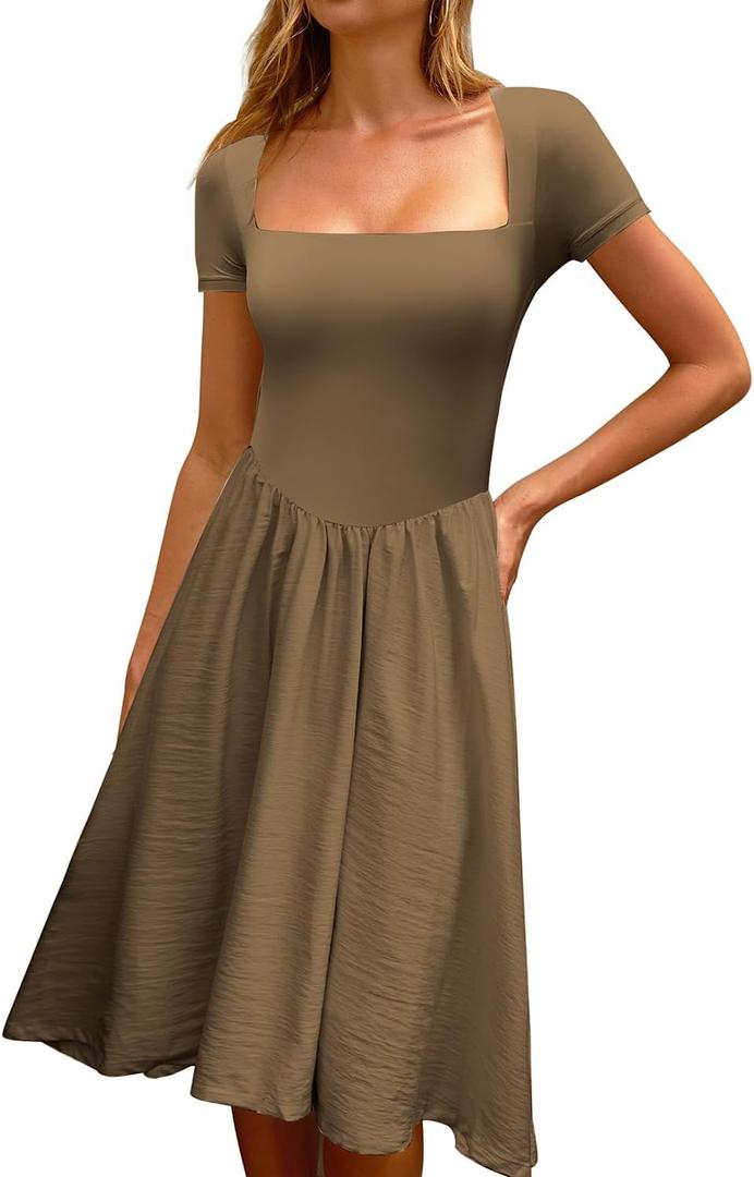 CHYRII Women Fashion Summer 2025 Square Neck Short Sleeve A-Line Midi Dress Long Sundress (Brown, M)