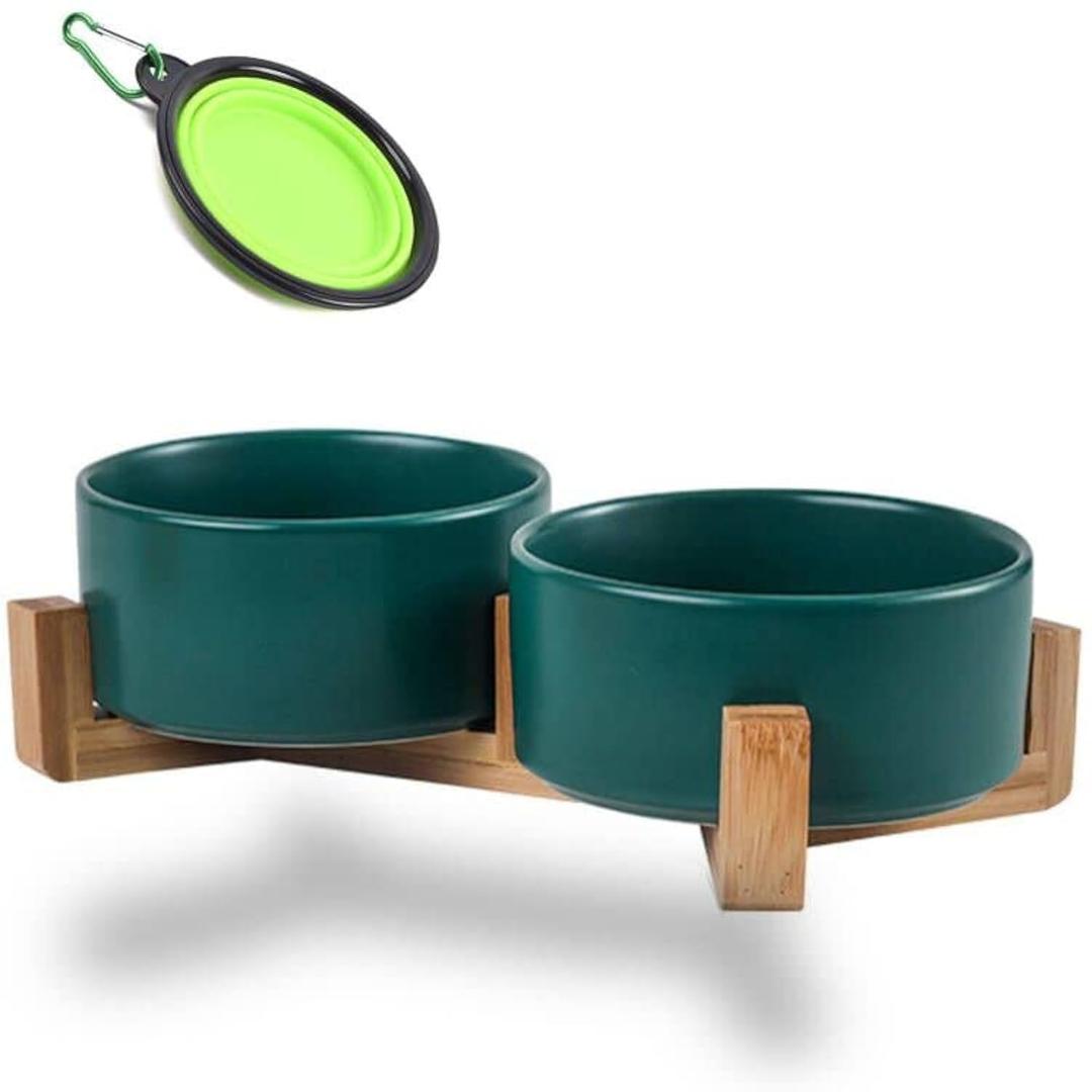 Petygooing Dog Bowls,Green Ceramic Cat Dog Bowl Set with Stand for Food and Water Feeder,Non-Slip Cute Modern Pet Dishes for Cats Small Size Dogs Puppy (13.5OZ/5.1 in)
