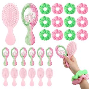 Qunclay 24 Pcs Witch Party Favors Pink and Green Mini Hair Brush and Scrunchies Set for Women Witch Music Movie BFF Green Castle Enchanted Wizard Princess Birthday Party Gift Decor