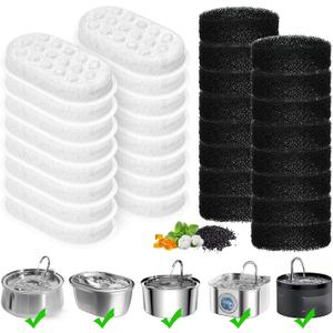 Cat Water Fountain Filter, 32-Pack Cat Fountain Replacement Filters for 67oz/2L & 108oz/3.2L Stainless Steel Cat Water Fountain, 4-Layer Filtration Pet Filter (16 Filters & 16 Sponges)