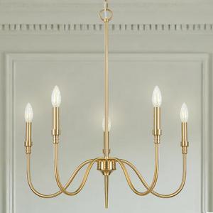 5 Light Farmhouse Brass Chandelier Light Fixture, Modern Pendant Lighting for Kitchen, Dining & Living Room, Brushed Gold Finished