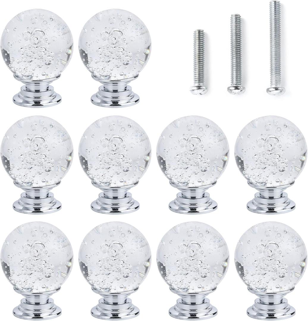 10 PCS Crystal Cabinet Knobs Round Glass Bubbles Knobs Smooth Drawer Pulls Handle for Home, Cabinet, Drawer and Dresser with 3 Different Size Screws, 30MM (Transparent) (Clear)