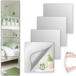 Shatterproof Peel and Stick on Mirror Tiles for Wall Decorative, 4 pcs 8x8 Unbreakable Small Mirrors for Wall Classroom Decor, Toddlers Mirror for Kids Bedroom, Plastic Door Adhesive Mirrors (Silver)