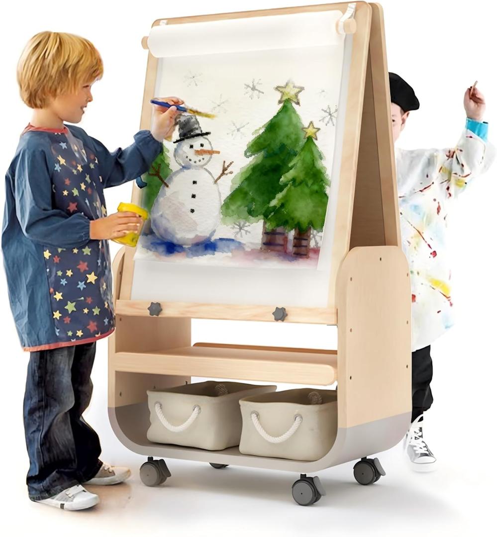 BanaSuper 3-in-1 Kids Art Easel with Wheels - Height Adjustable, Dual-Sided Magnetic Chalkboard & Whiteboard, Storage Bags Included - Mobile Art Station for Children, 25"x21" Extra-Large Drawing Board