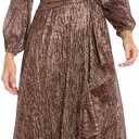 R&M Richards Women's Long Sleeve Pleated Wrap Maxi Dress - Evening & Party Gown W/Ruched Waist & Ruffle Size 6