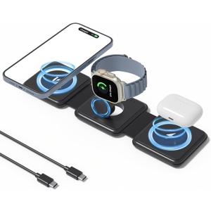 OhM-ega 3 in 1 Wireless Charging Station, 15W Fast Wireless Charger for iPhone 17/16/15/14/13 Pro Max Plus, Apple Watch & AirPods, Foldable Travel Charger Dock, Qi-Certified (Black)