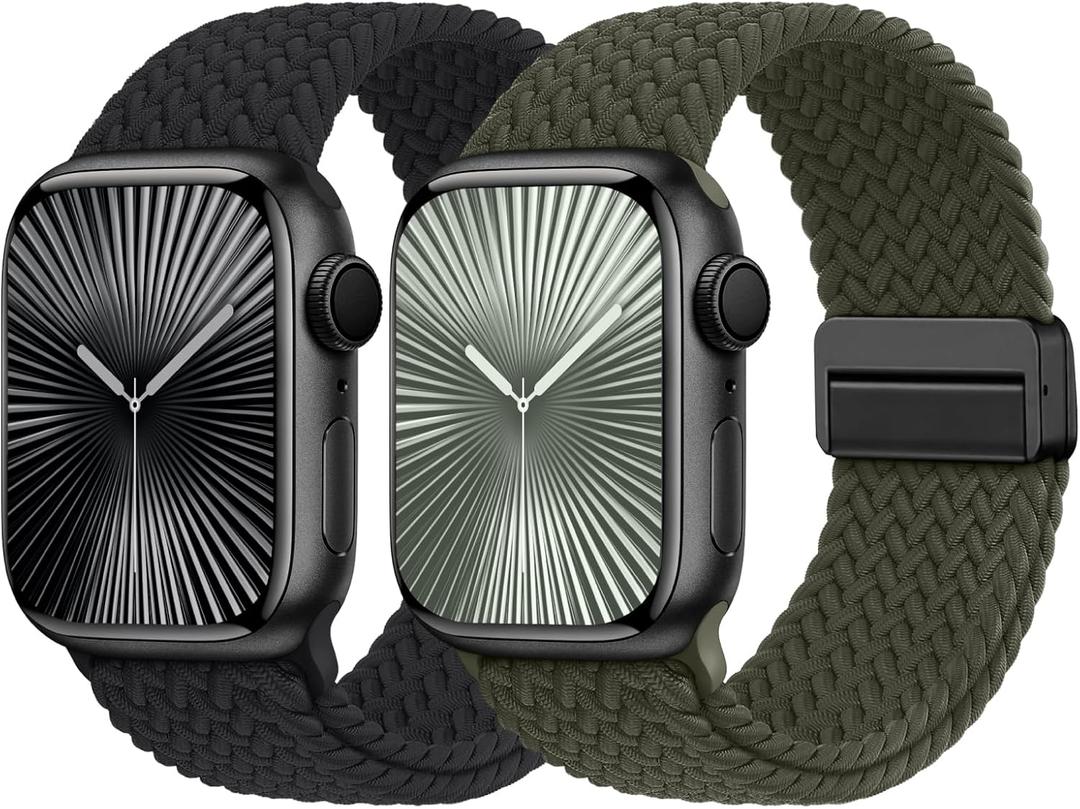 Braided Stretchy Bands with Magnetic Clasp Compatible for Apple Watch Band 38mm 40mm 41mm 42mm 44mm 45mm 46mm 49mm Women Men, Nylon Sport Solo Loop for iWatch Series 11 10 9 8 7 6 5 4 3 Ultra 3 2 1 SE (Olive/Black)