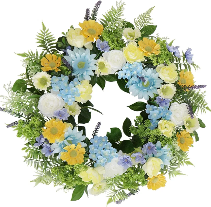 BINFEN Faux Silk Flower Spring Summer Easter Wreath 24-26" for Front Door – White Ranunculus Yellow Daisy Blue Hydrangea Green Eucalyptus Leaves – Farmhouse Front Porch Wreath, Outdoor Indoor Use