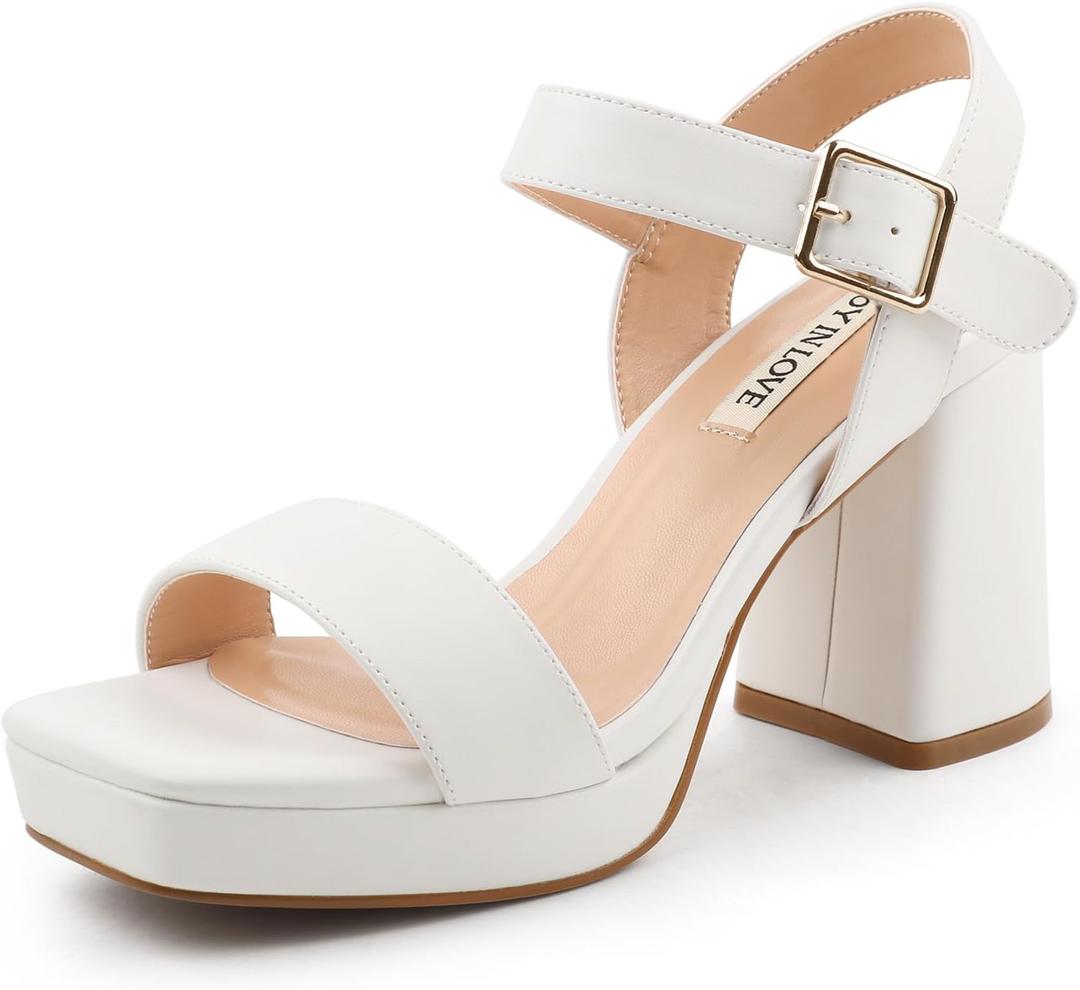 JOY IN LOVE Women's Chunky Platform High Heels Ankle Strap Block Heel Sandals (7, White Matte)