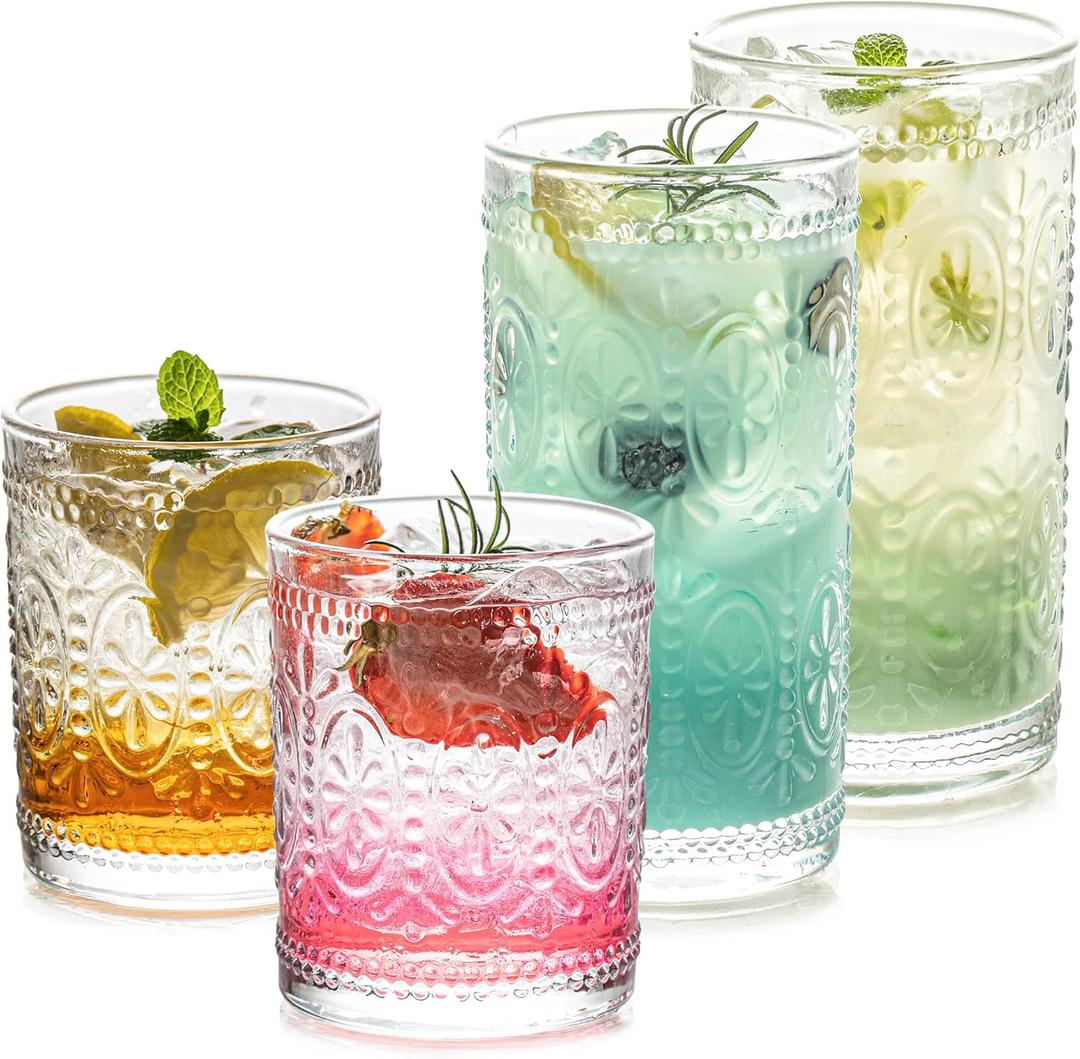 Stylish Vintage Glassware Set - 4 Pack Embossed Drinking Glasses, Tempered Glass Tumblers for Juice, Water, Cocktails - 2 x 10.8 oz & 2 x 13.5 oz - Glass Cups for Home and Bar Use
