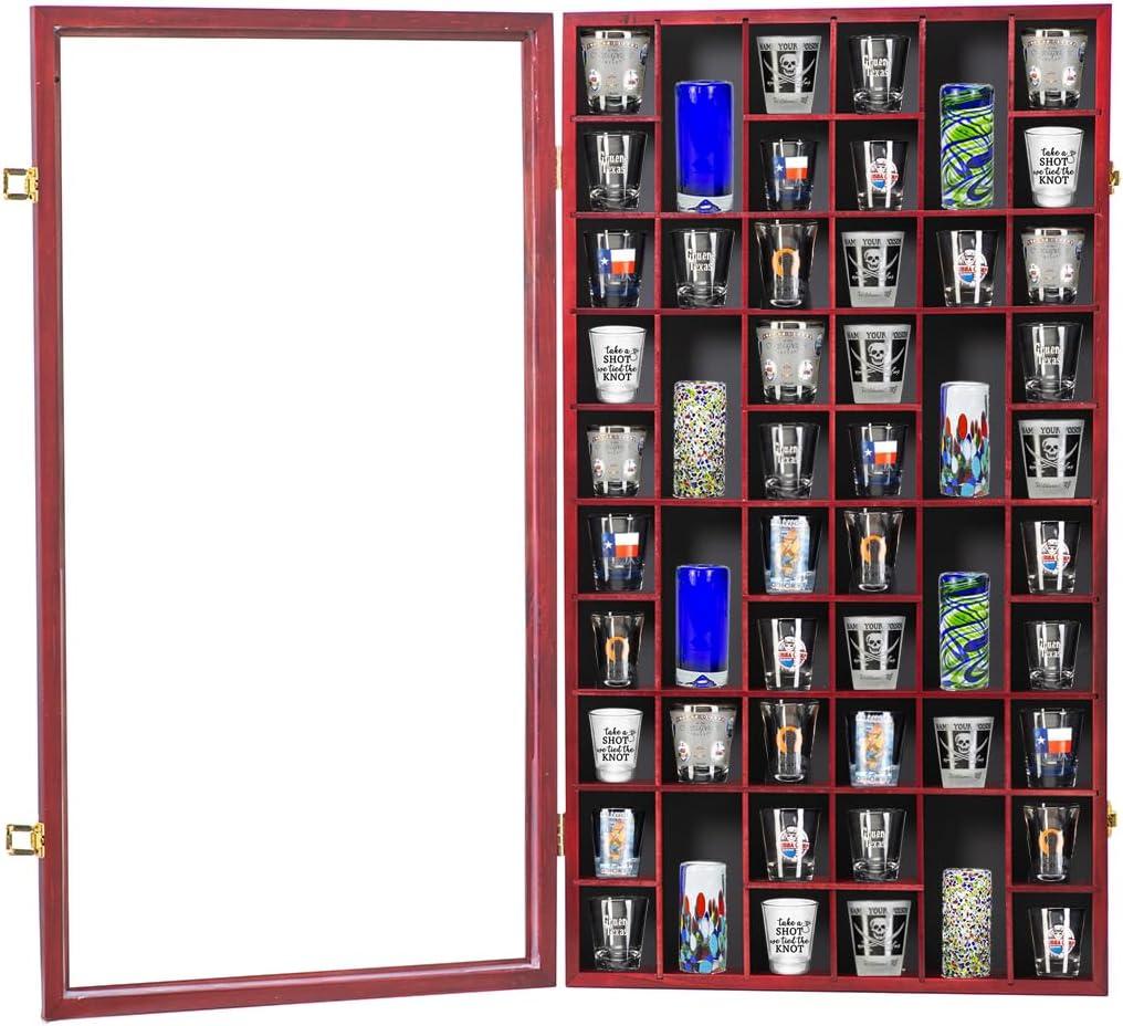 Shot Glass Display Case Large Wooden Cabinet Rack Holder Wall Mounted Mahogany Shadow Box Lockable with UV Protection Acrylic Glass Door Shot Glass Storage with Removable Shelves, 17"x32", 52 Slots