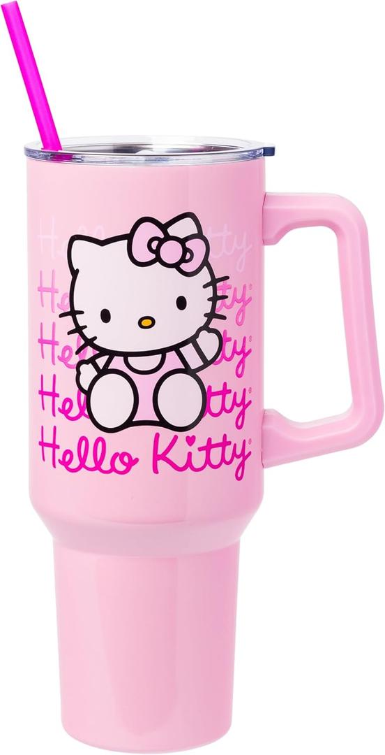 Silver Buffalo Sanrio Hello Kitty Waving Double Walled Stainless Steel Tumbler with Handle and Straw, Fits in Standard Cup Holder, 40 Ounces