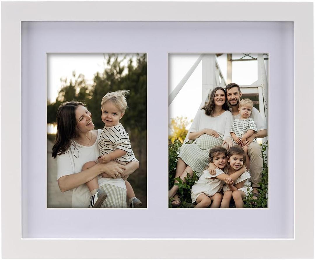 Collage Picture Frame, Double 5x7 Picture Frame with Mat, Fits 8.5X11 or Two 5x7 Photos, Tempered Glass, for Tabletop or Wall Mount-Bright White
